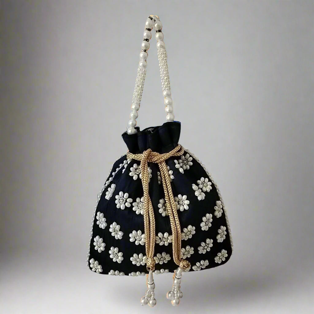 Handcrafted Potli Bag, Silk Poppy Beads - Midnight Blue