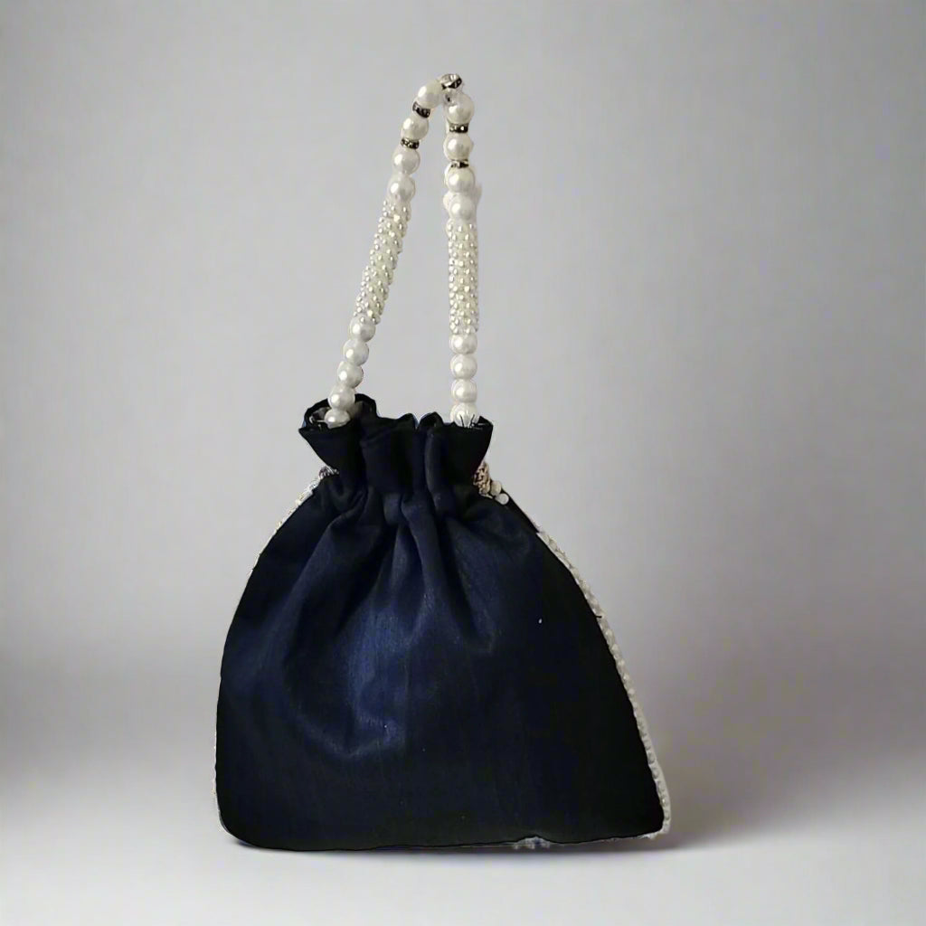 Handcrafted Potli Bag, Silk Poppy Beads - Midnight Blue