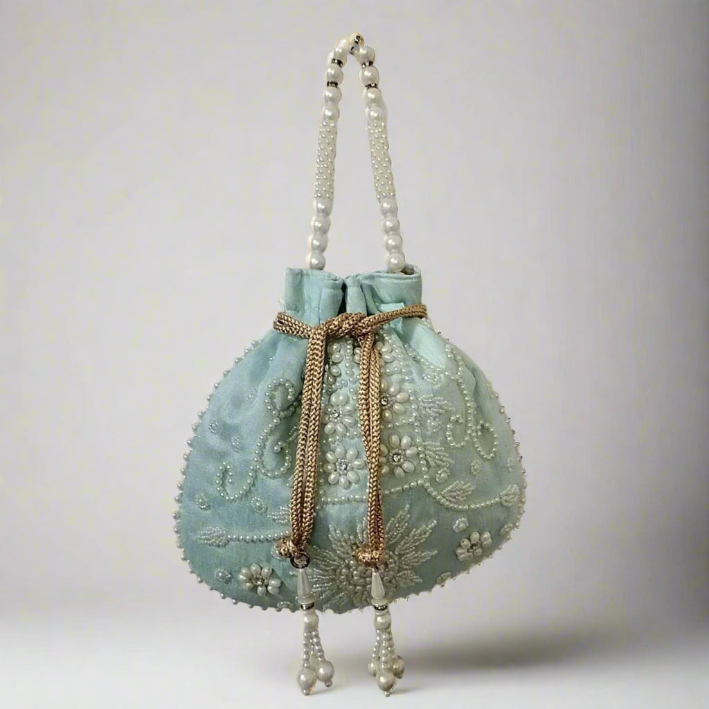 Handcrafted Potli Bag, Silk Sunflower Beads - Light Teal