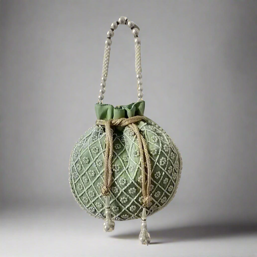 Handcrafted Potli Bag, Silk Aster Jaal - Olive Green