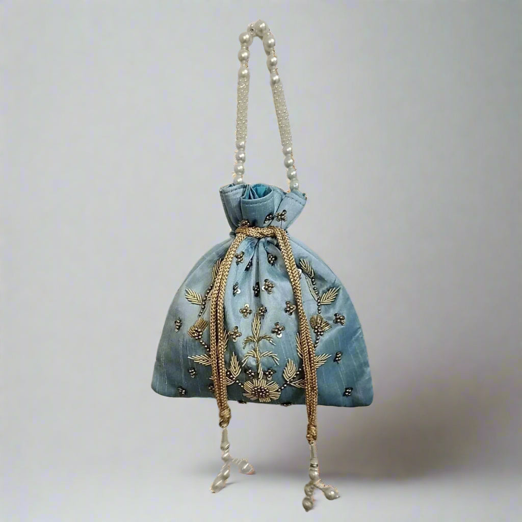 Handcrafted Potli Bag, Silk Daisy Jari - Sky Blue