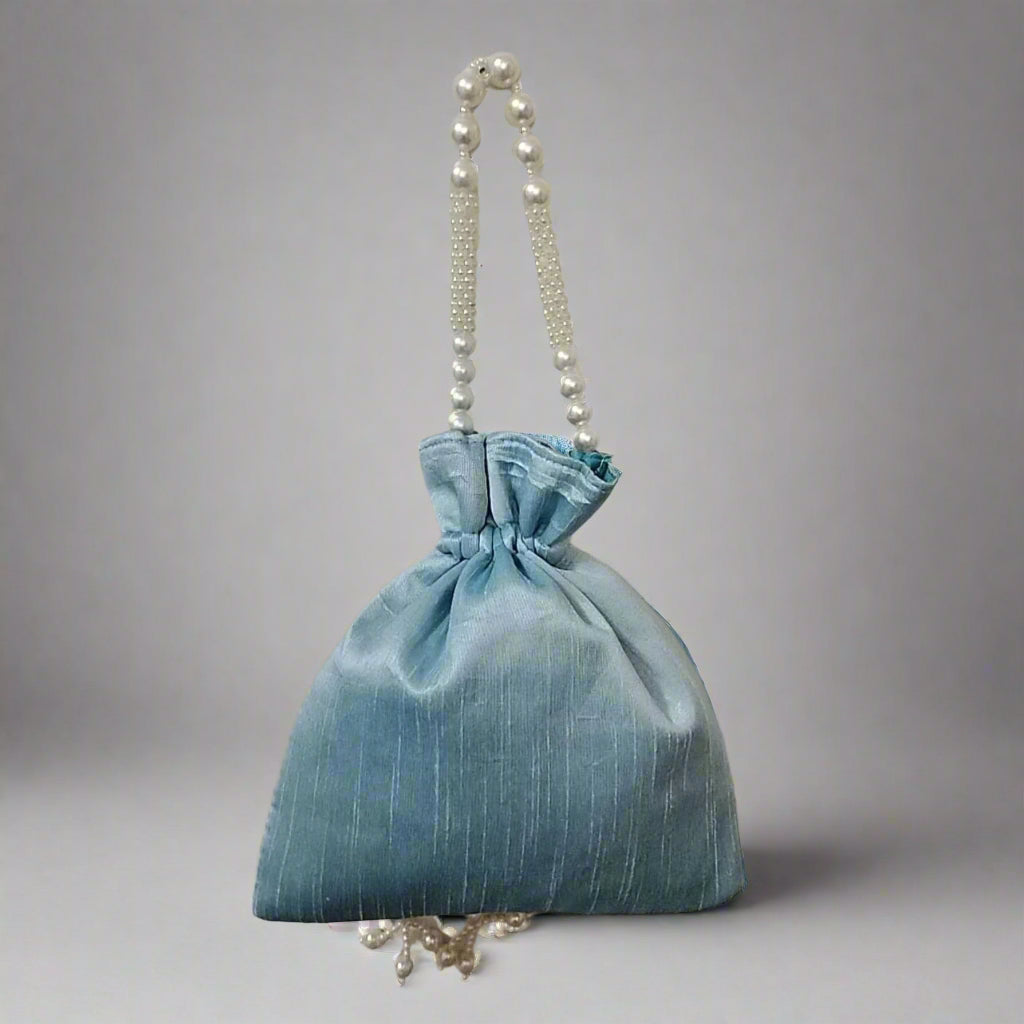 Handcrafted Potli Bag, Silk Daisy Jari - Sky Blue