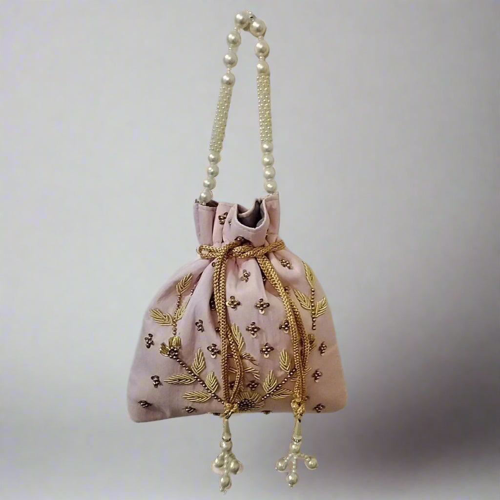 Handcrafted Potli Bag, Silk Daisy Jari - Dusty Pink