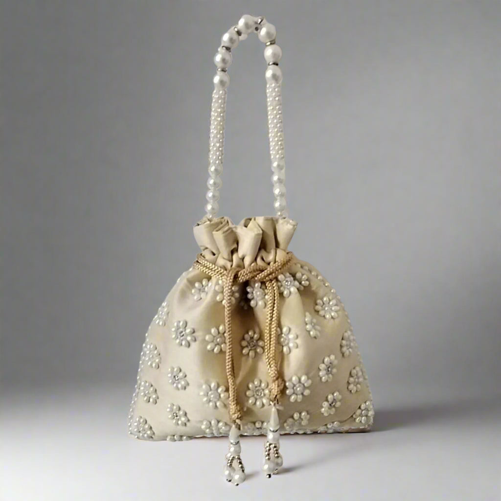 Handcrafted Potli Bag, Silk Poppy Beads - Golden Beige