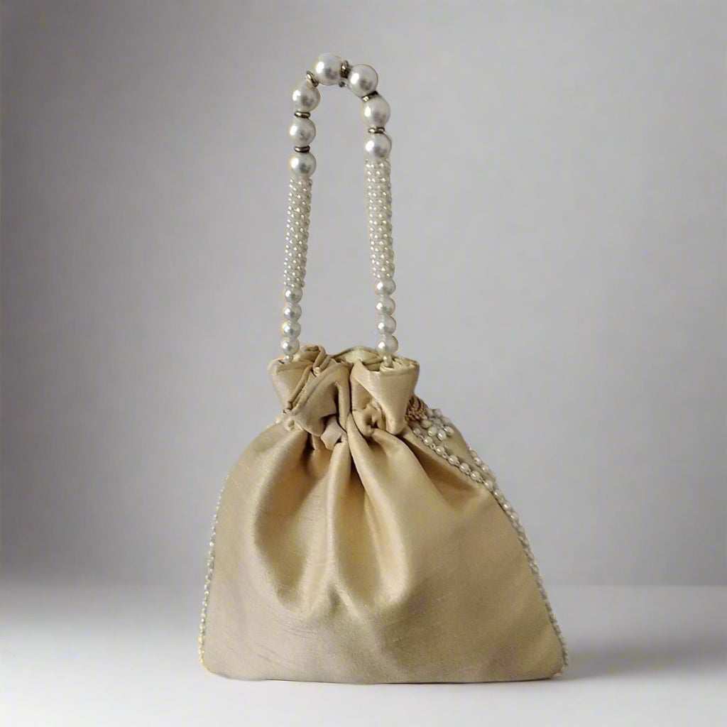 Handcrafted Potli Bag, Silk Poppy Beads - Golden Beige