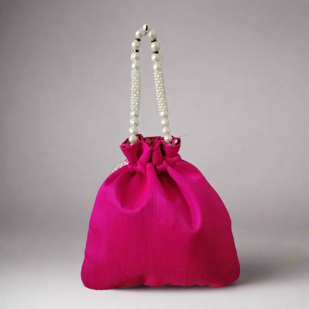 Handcrafted Potli Bag, Silk Poppy Beads - Vibrant Fuchsia