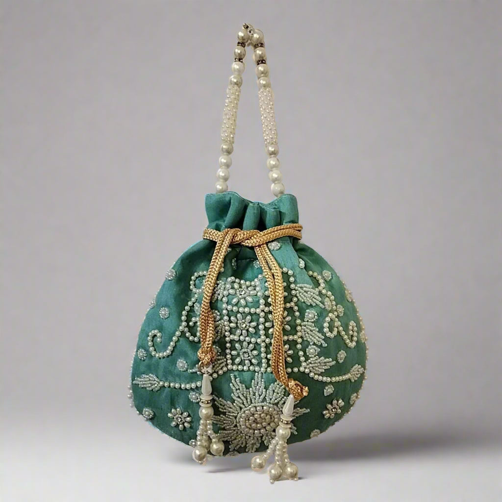 Handcrafted Potli Bag, Silk Sunflower Beads - Desaturated Teal